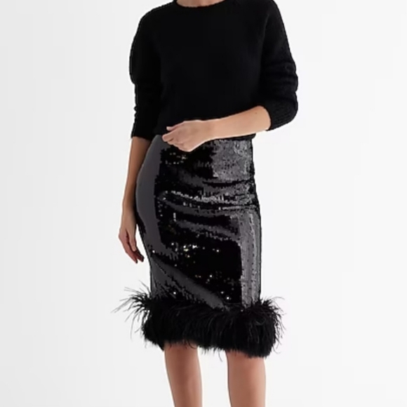EXPRESS fav Black sequin stretchy midi skirt with feather detail at bottom - Picture 11 of 11